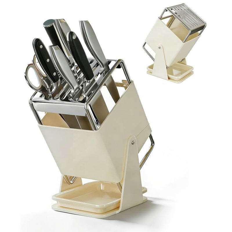 Shopsylan Cream Carbon Steel Kitchen Knife Holder, 30° Rotating Universal Knife Block with 9 Slots, Safe Slant Insert & Drip Tray for Multiple
