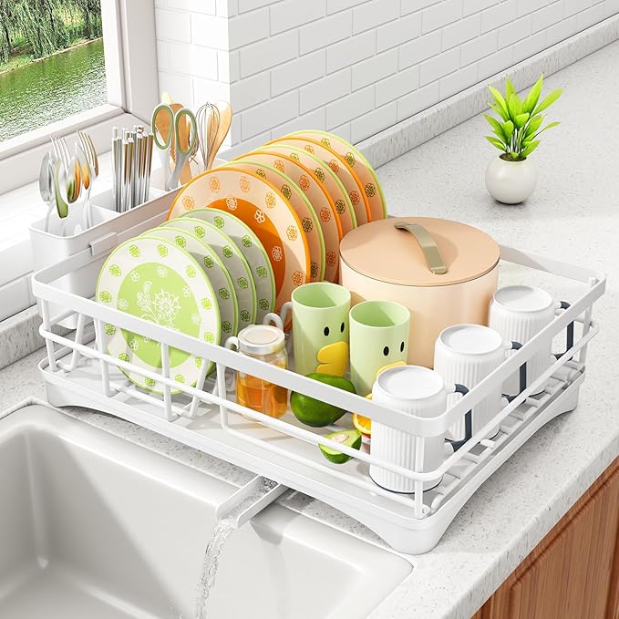 Shopsylan Dish Drying Rack - Stainless Steel Dish Rack for Kitchen Counter, Large-Capacity Dish Drainer with Cutlery Holder, Kitchen Organizer for Dishes, Spoons and Forks, White