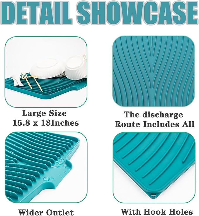 Shopsylan Silicone Dish Drying Mat with Built-in Drain Spout Heat Resistant Drying Non-Slip Drain Mat Kitchen Tools 15.8*13-Green