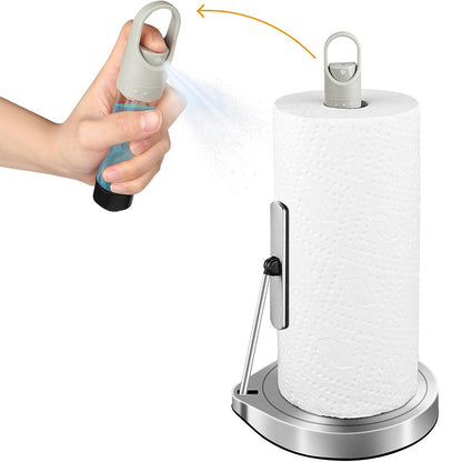 Shopsylan Stainless Steel Paper Towel Holder with Spray Pump – One-Handed Tear, Smart Traction System with Heavy Duty Suction Cups (Silver, Tension Arm with Spray Pump)