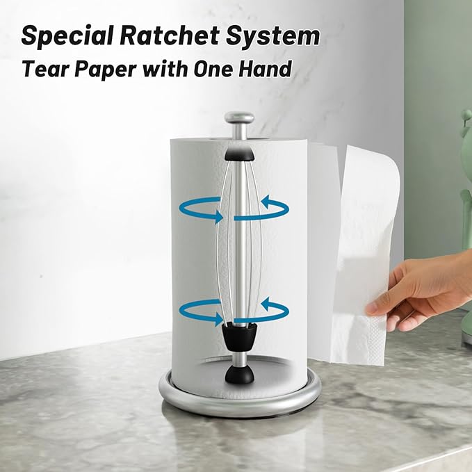 Shopsylan Simply Tear Paper Towel Holder Countertop with EVA Non-Slip Pad, Damping Function Paper Towel Stand with Weighted Base for Bathroom and Kitchen (Silver)