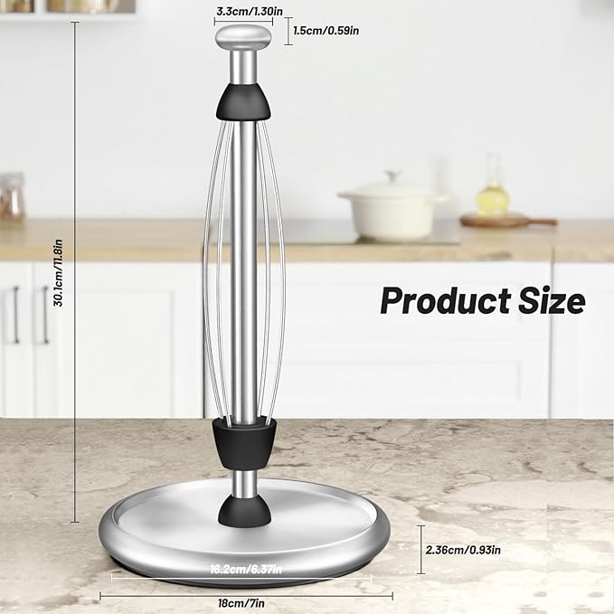 Shopsylan Simply Tear Paper Towel Holder Countertop with EVA Non-Slip Pad, Damping Function Paper Towel Stand with Weighted Base for Bathroom and Kitchen (Silver)