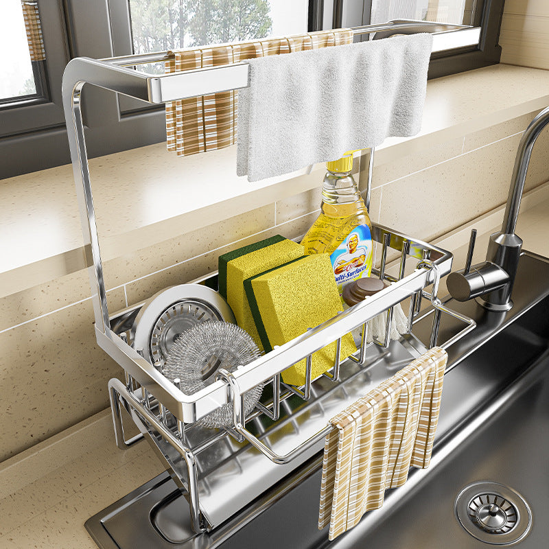 Shopsylan Stainless Steel Kitchen Sink Storage Rack With Sponge Brush Holder, Towel Bar & Divider, Countertop Organizer