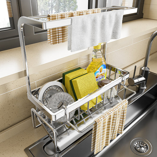 Shopsylan Stainless Steel Kitchen Sink Storage Rack With Sponge Brush Holder, Towel Bar & Divider, Countertop Organizer